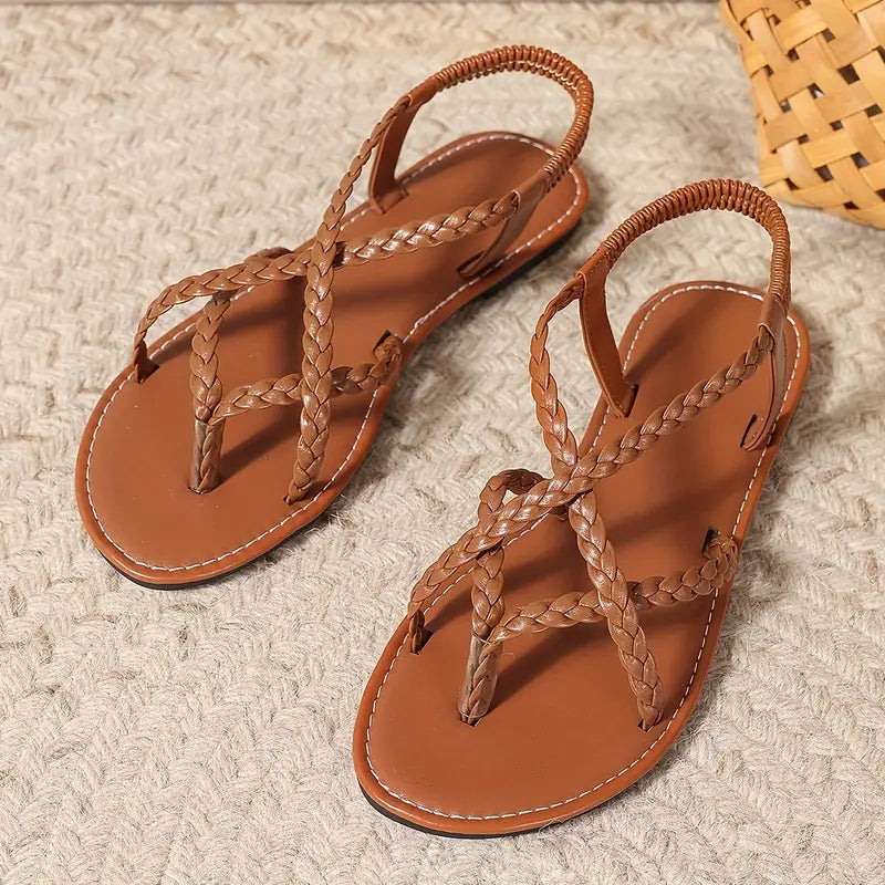Women's Boho Braided Strap Flat Sandals – Toe Loop Crossover Summer Beach