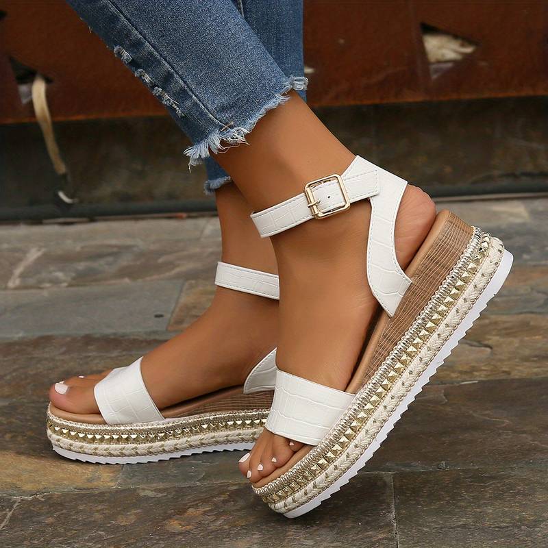 Women's Boho Croc Print Open Toe Sandals – Ankle Strap Espadrille Platform