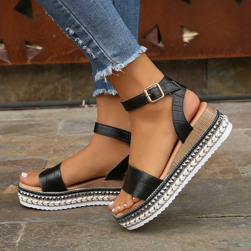 Women's Boho Croc Print Open Toe Sandals – Ankle Strap Espadrille Platform