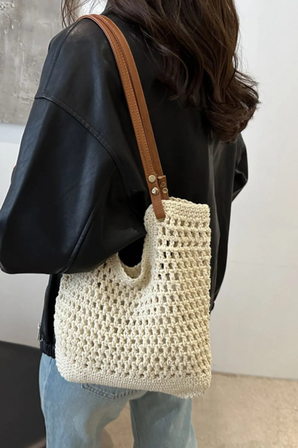 Women's Boho Crochet Knit Tote – Open Weave Contrast Strap Summer Beach