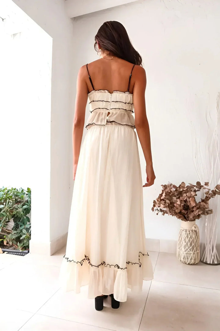 Women's Boho Crop Top and Maxi Skirt 2 Piece Set – Lace Up Ruffle Trim