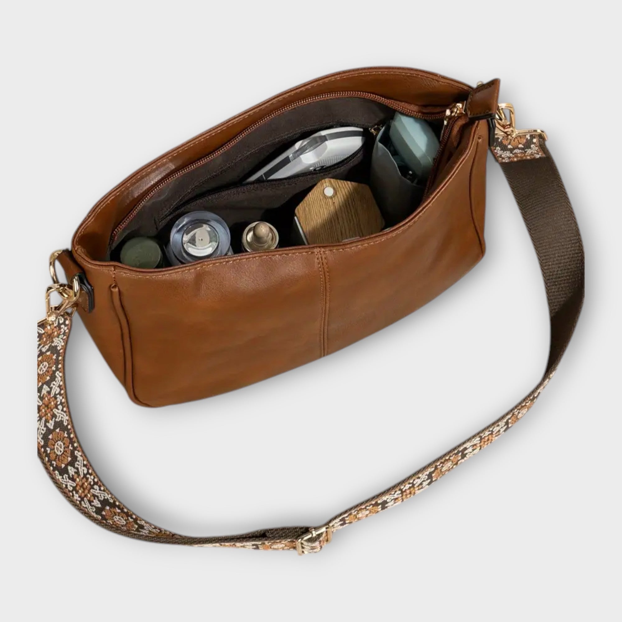 Women's Boho Crossbody Bag – Floral Embroidered Strap Zip Pocket Everyday