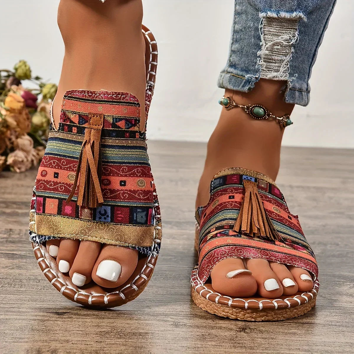 Women's Boho Ethnic Print Slide Sandals – Open Toe Tassel Flat Woven Sole