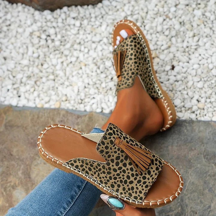 Women's Boho Ethnic Print Slide Sandals – Open Toe Tassel Flat Woven Sole