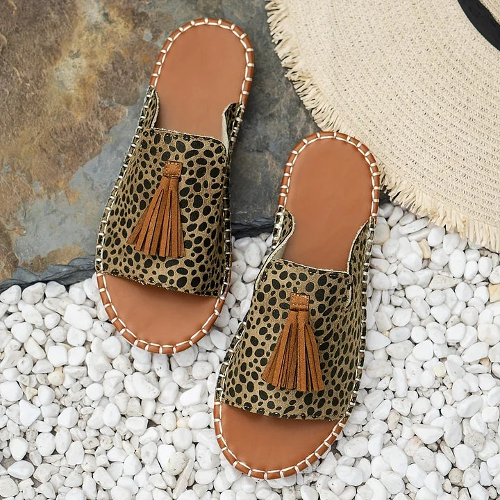 Women's Boho Ethnic Print Slide Sandals – Open Toe Tassel Flat Woven Sole