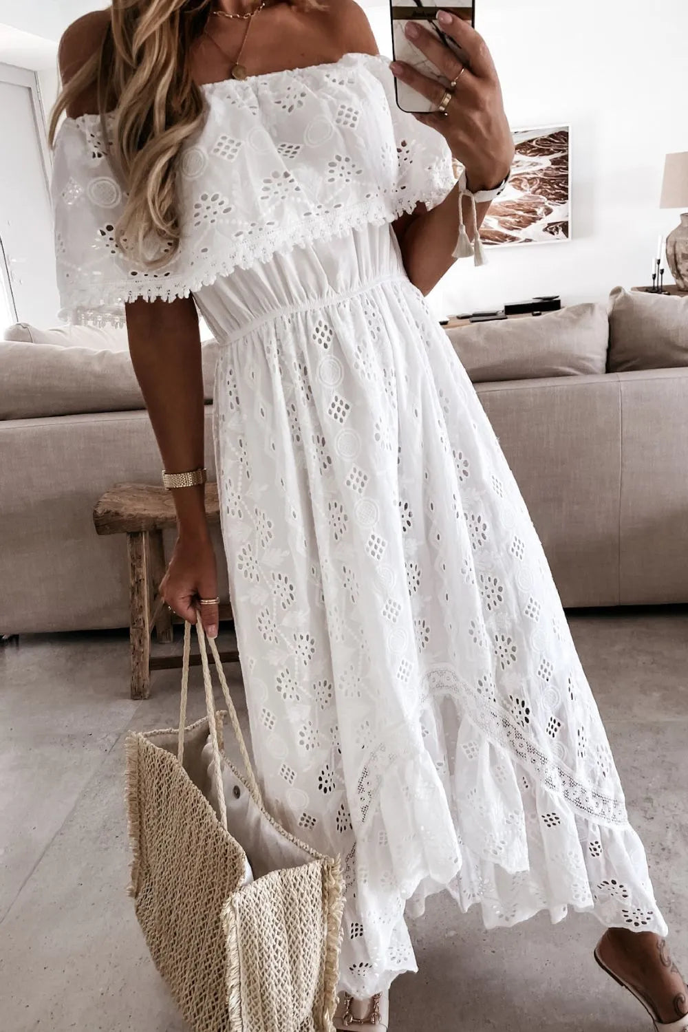 Women's Boho Eyelet Maxi – Off Shoulder Ruffle Tiered Scallop Summer Dress