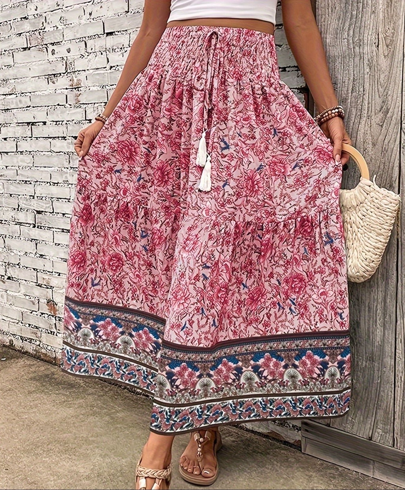Women's Boho Floral Maxi Skirt – Smocked Drawstring Tiered Border Summer