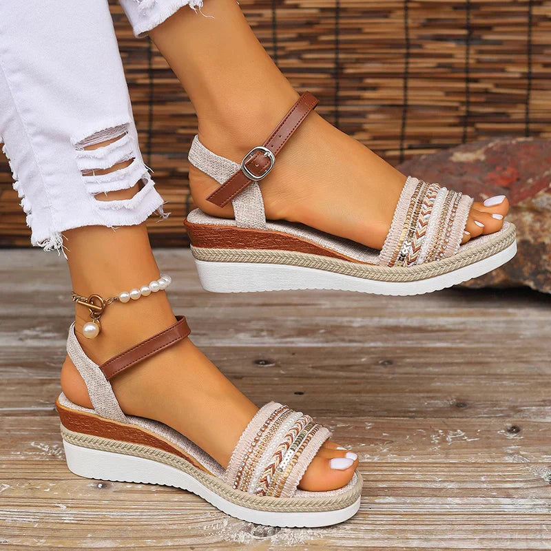 Women's Boho Geometric Wedge Sandals – Ankle Buckle Espadrille Open Toe Summer