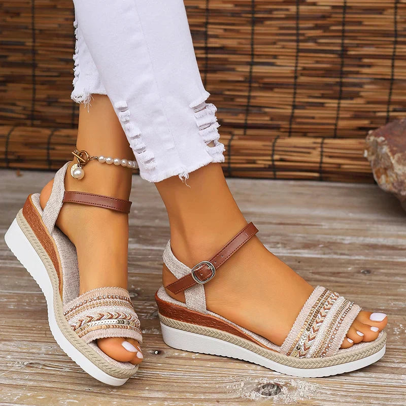 Women's Boho Geometric Wedge Sandals – Ankle Buckle Espadrille Open Toe Summer
