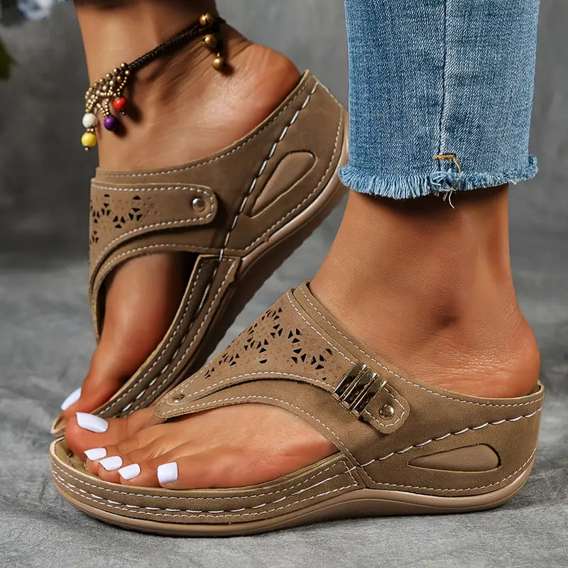 Women's Boho Laser Cut Thong Wedge Sandals – Buckle Strap Platform Summer