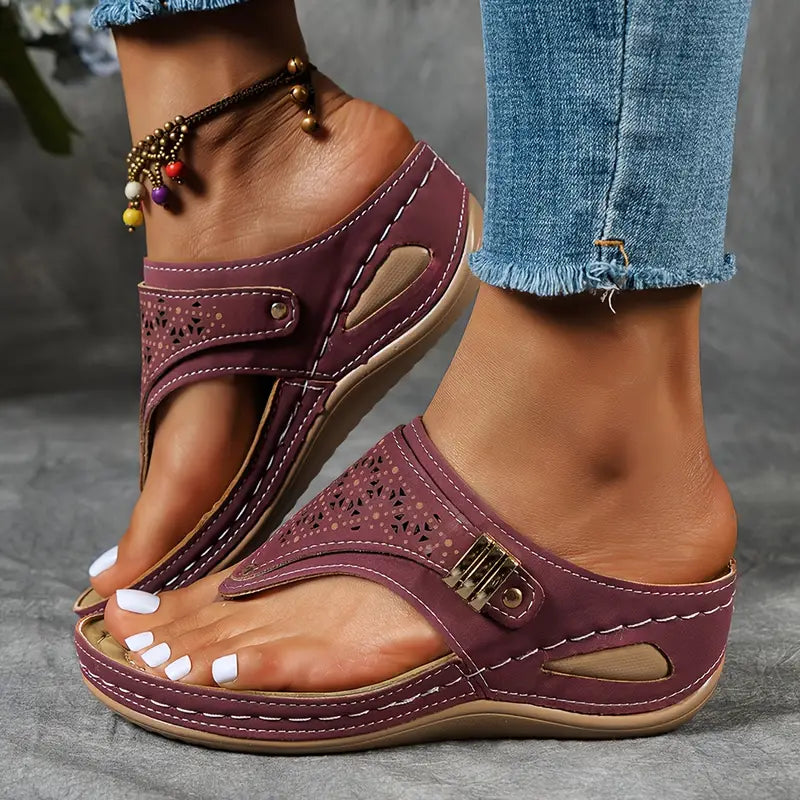 Women's Boho Laser Cut Thong Wedge Sandals – Buckle Strap Platform Summer