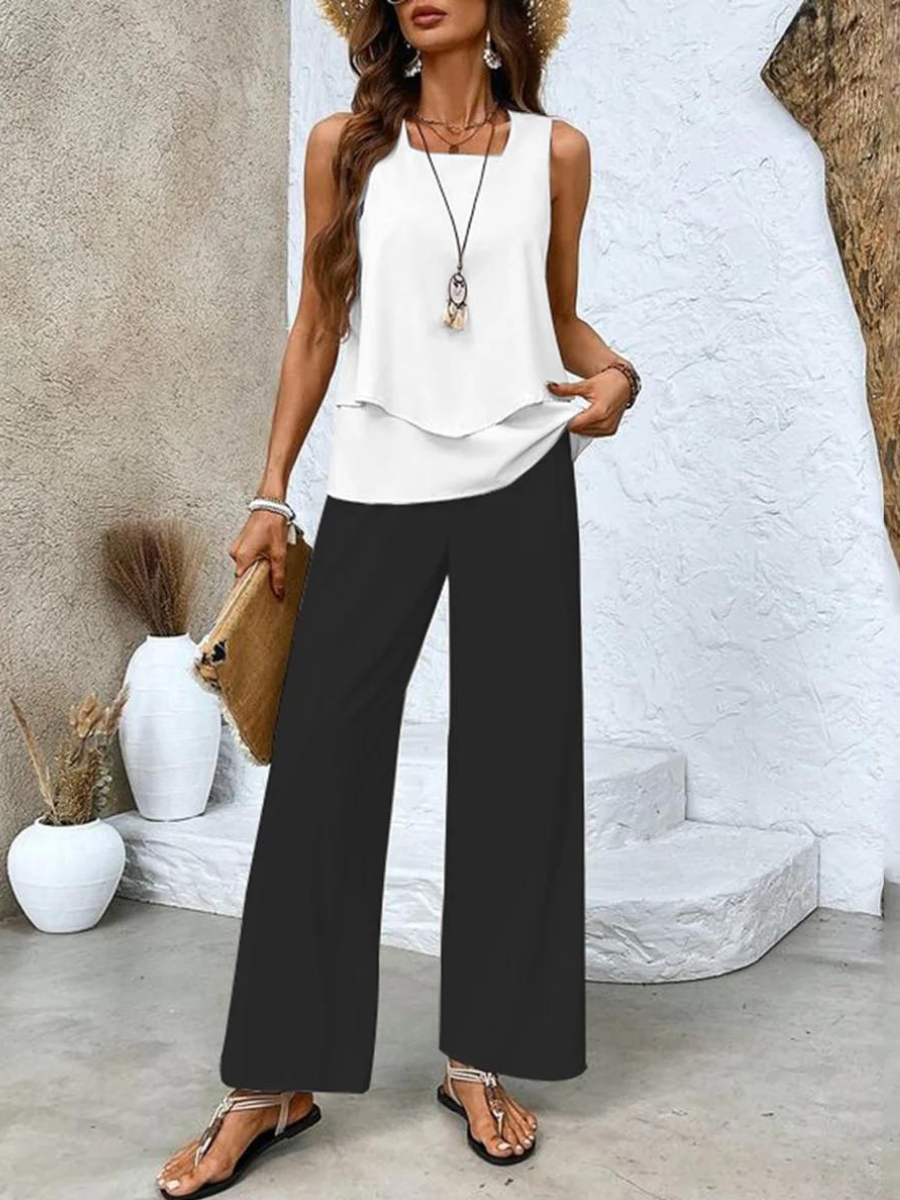 Women's Boho Leaf Print Tank Top and Wide Leg Pants – Layered Hem 2 Piece Set