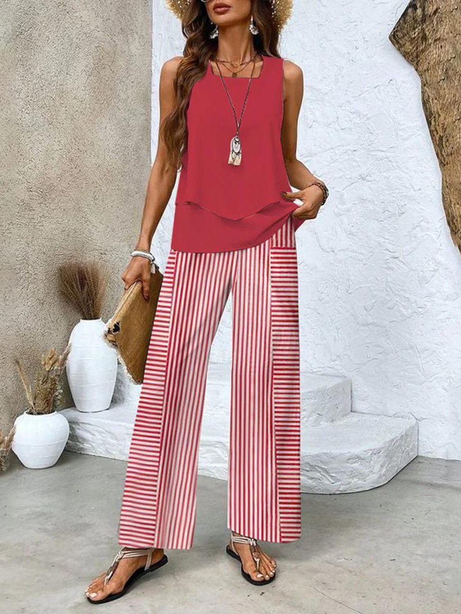 Women's Boho Leaf Print Tank Top and Wide Leg Pants – Layered Hem 2 Piece Set