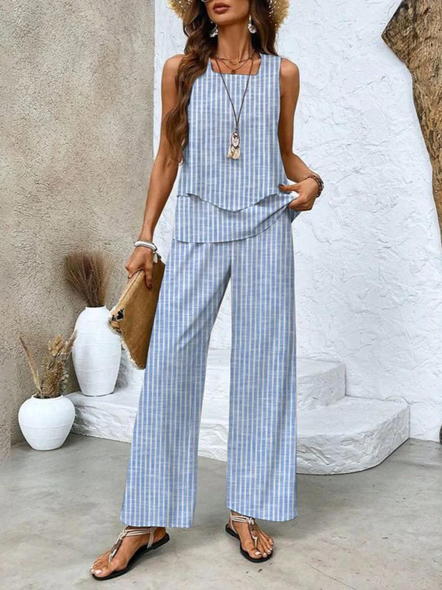 Women's Boho Leaf Print Tank Top and Wide Leg Pants – Layered Hem 2 Piece Set