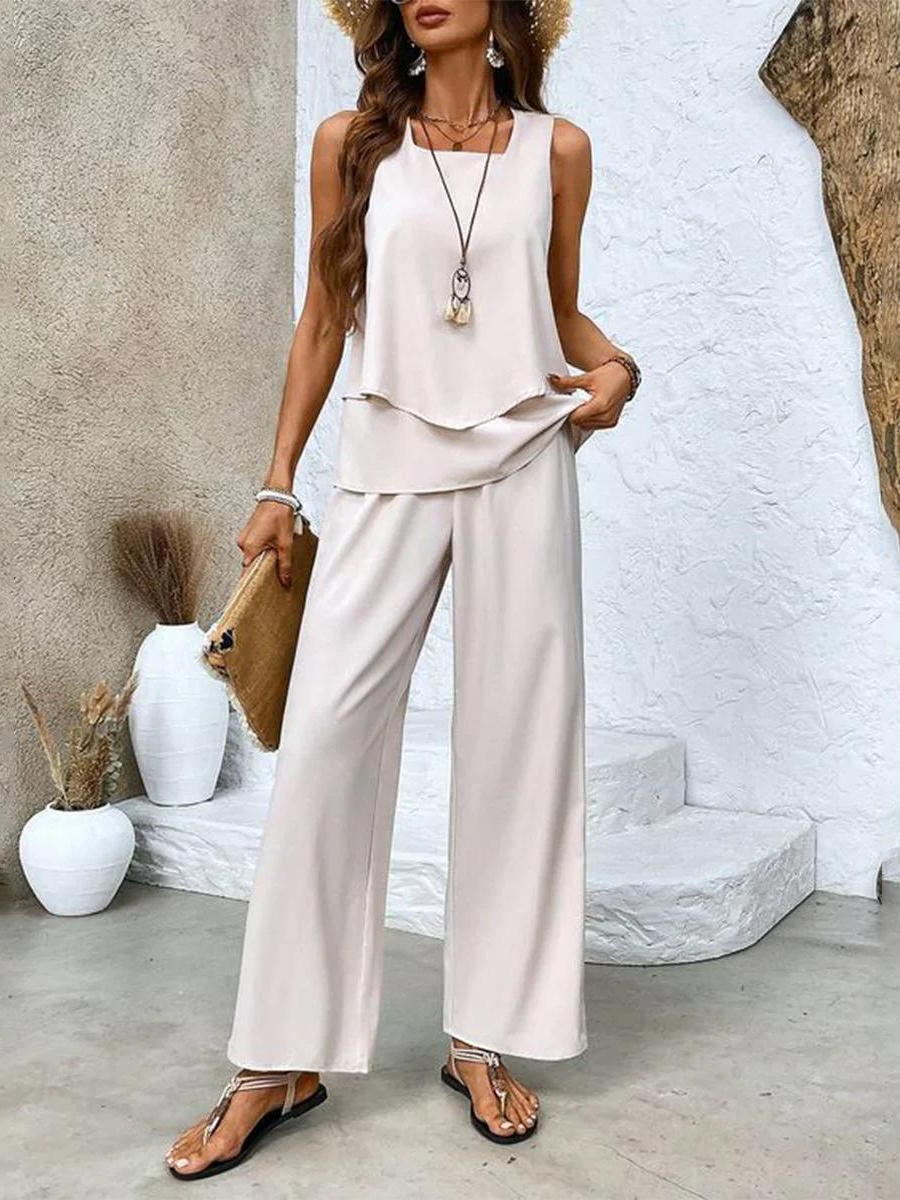 Women's Boho Leaf Print Tank Top and Wide Leg Pants – Layered Hem 2 Piece Set