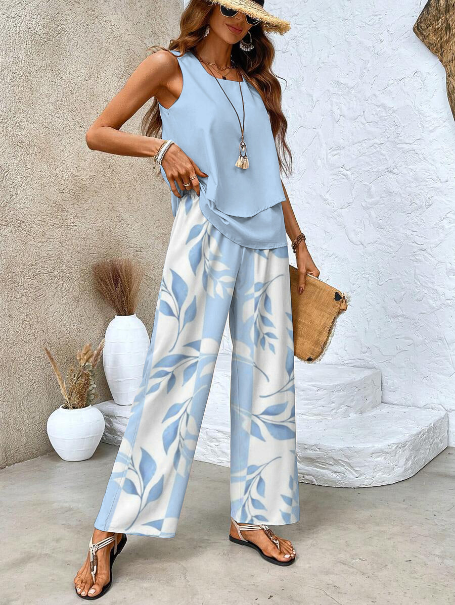 Women's Boho Leaf Print Tank Top and Wide Leg Pants – Layered Hem 2 Piece Set