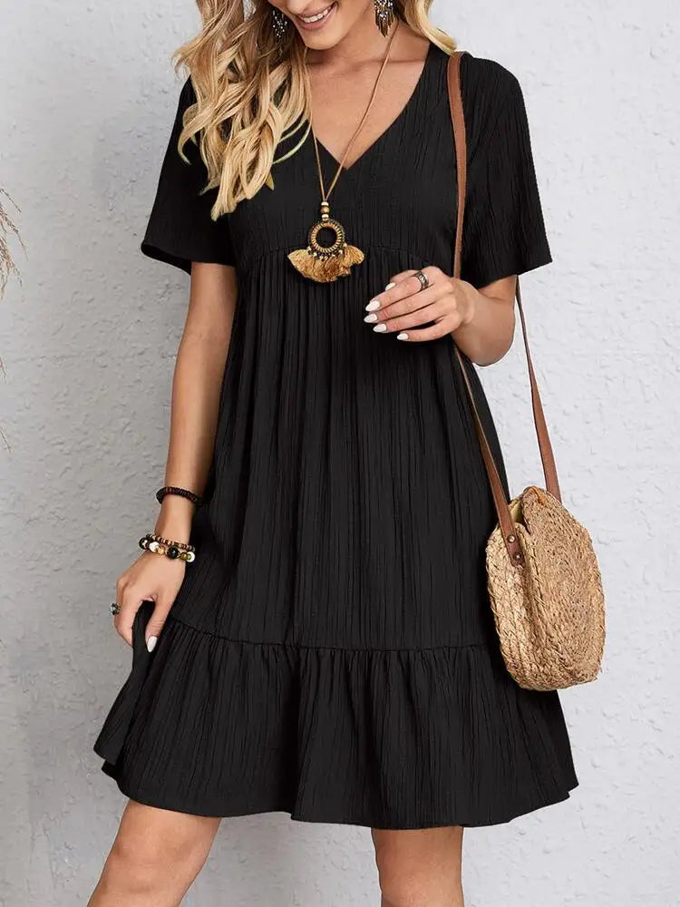 Women's Boho Mini Dress – V Neck Short Sleeve Crinkle Ruffle Hem Summer Casual