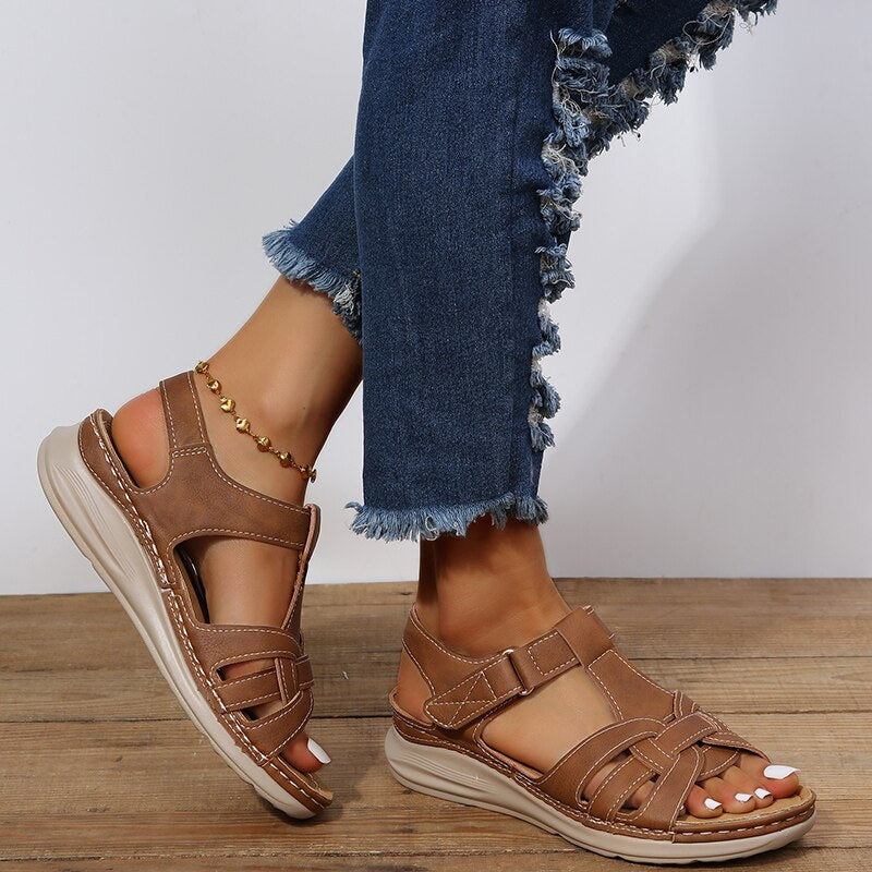 Women's Boho Open Toe Woven Strap Sandals – Hook Loop Wedge Platform Casual