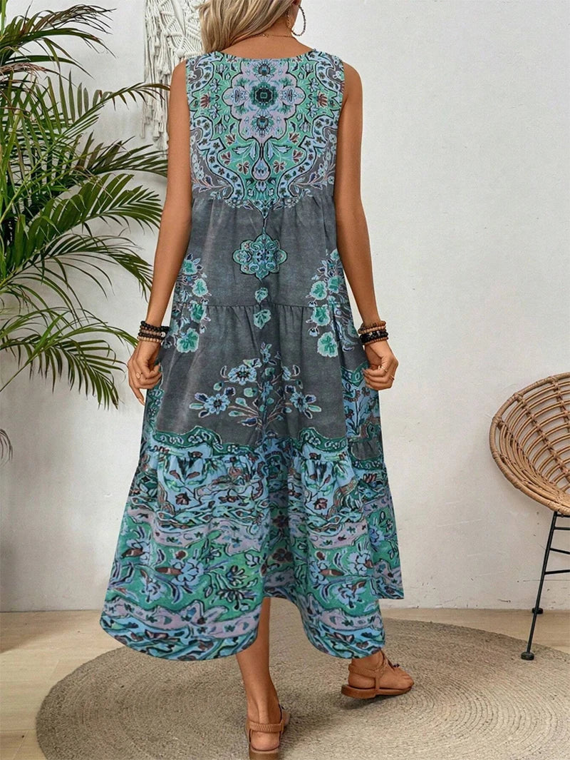Women's Boho Paisley Floral Midi Dress – Sleeveless Tiered Summer Vacation
