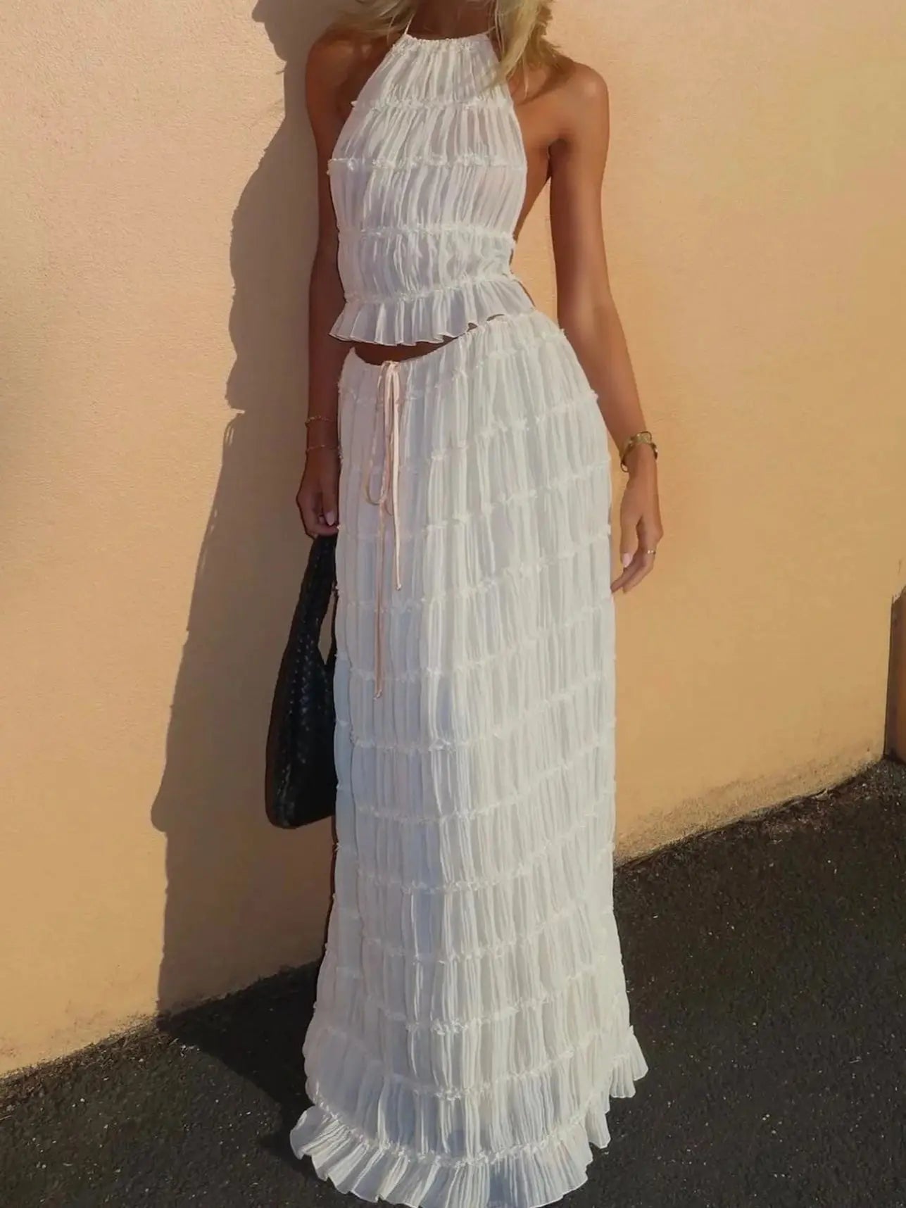 Women's Boho Stripe Two Piece Set – Halter Crop Top Maxi Skirt Vacation