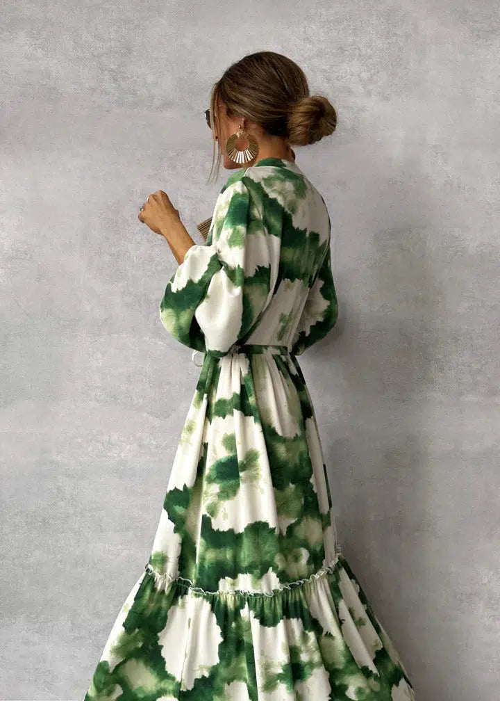 Women's Boho Tie Dye Maxi – V Neck Long Sleeve Tiered Wedding Guest Dress