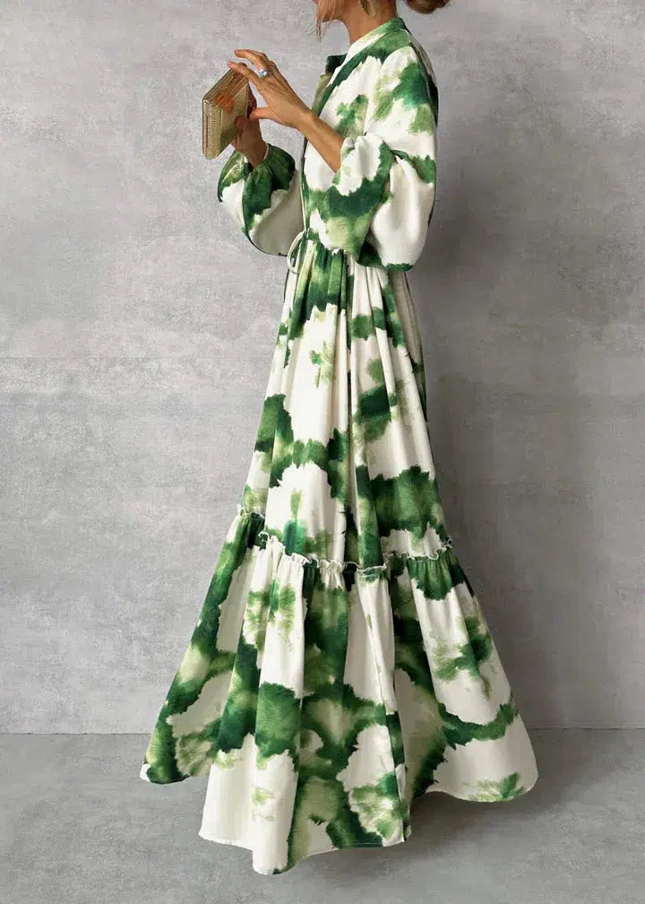 Women's Boho Tie Dye Maxi – V Neck Long Sleeve Tiered Wedding Guest Dress