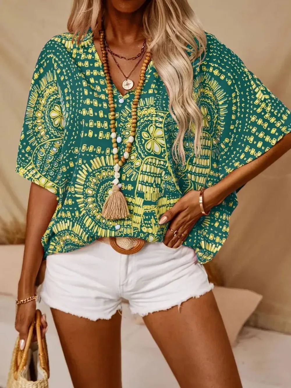 Women's Boho Tribal Print Blouse – V Neck Button Front Short Sleeve Summer