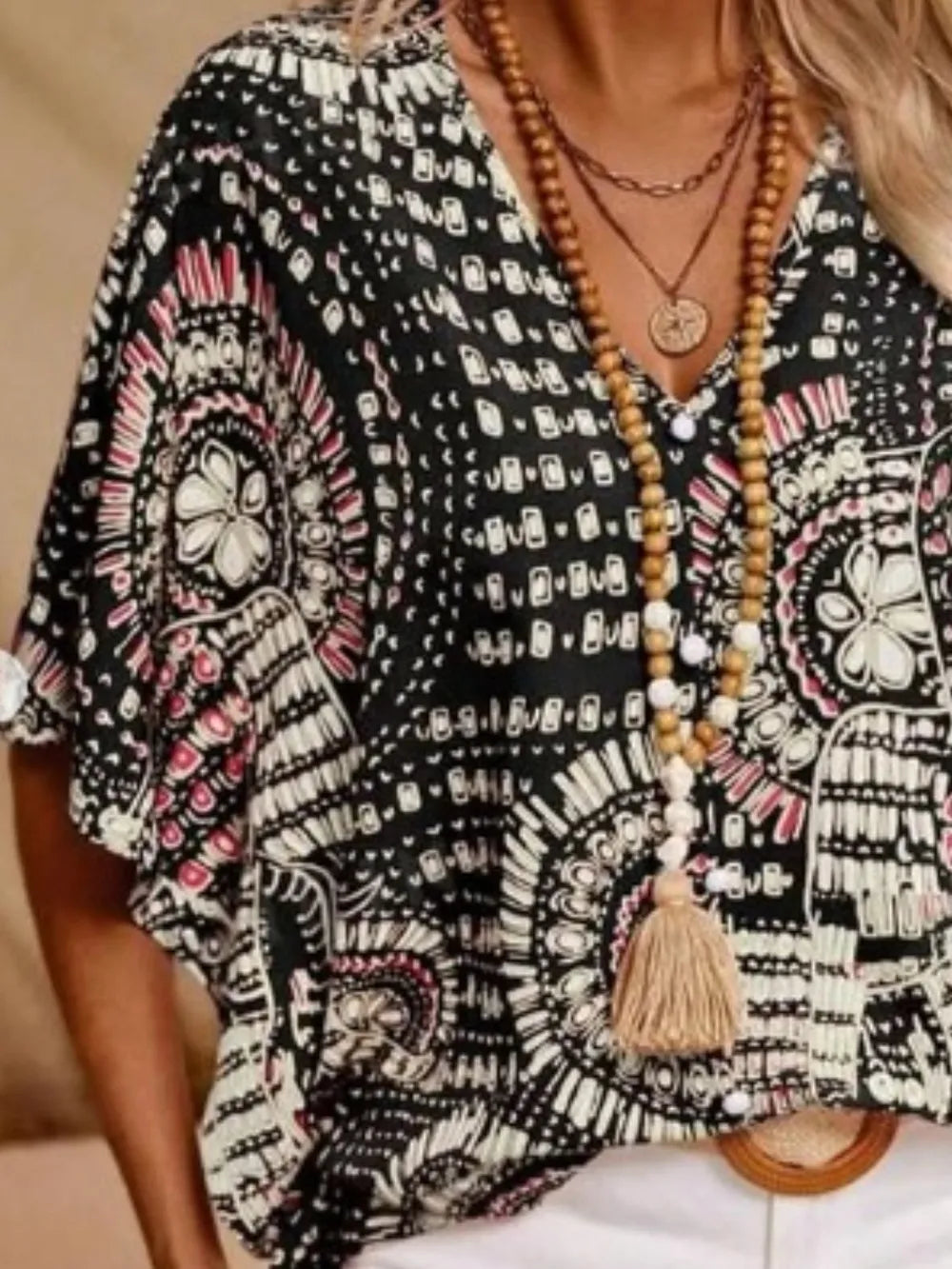 Women's Boho Tribal Print Blouse – V Neck Button Front Short Sleeve Summer