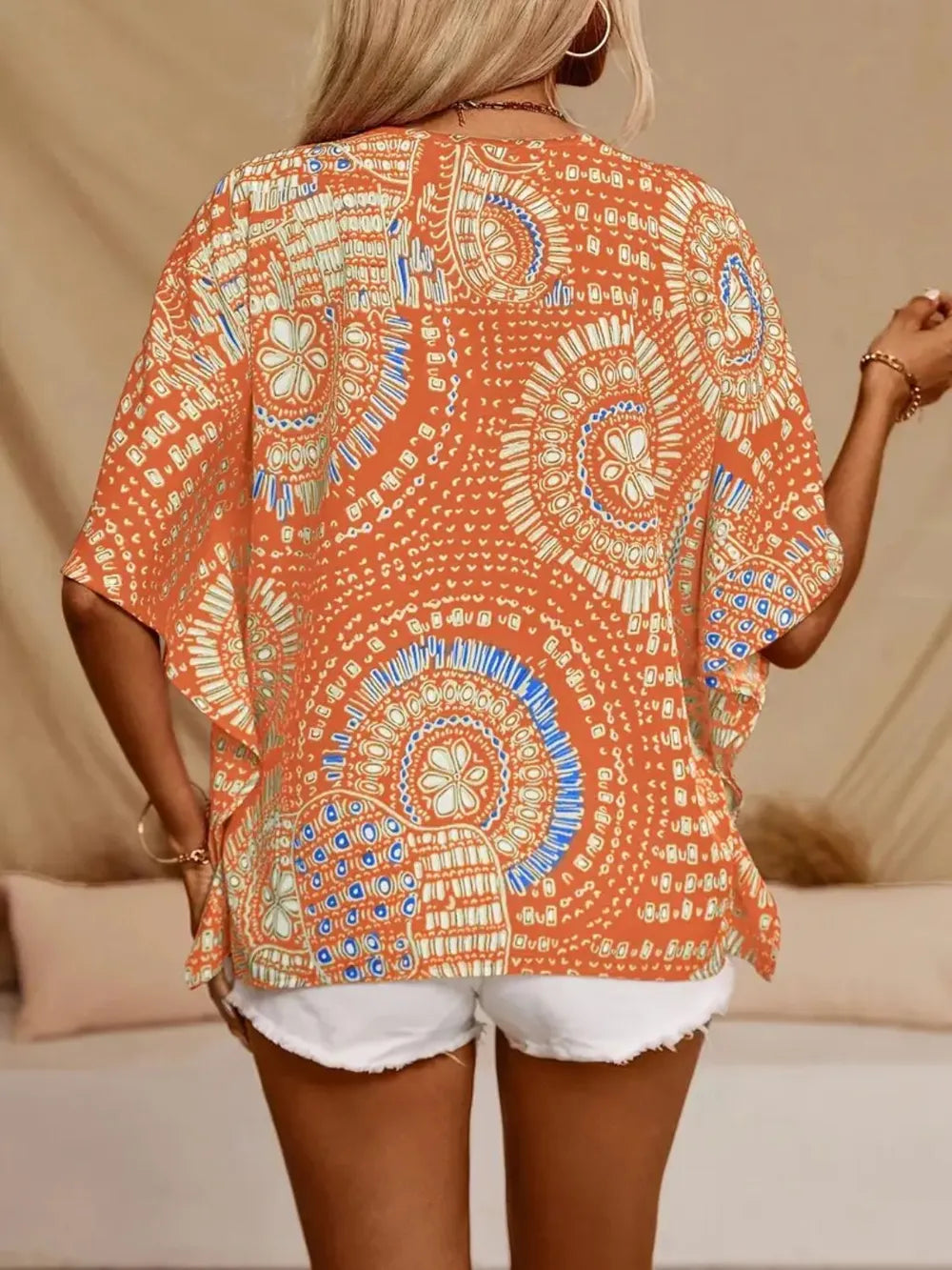 Women's Boho Tribal Print Blouse – V Neck Button Front Short Sleeve Summer