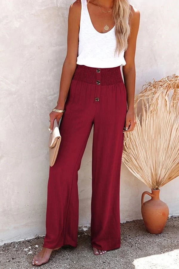 Women's Boho Wide Leg Pants – Smocked Frill Button Front Beach Summer
