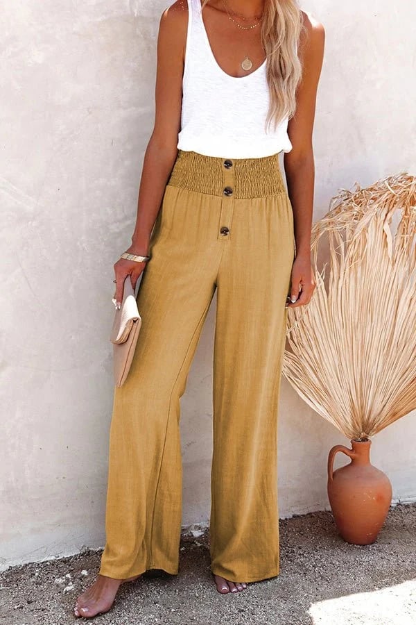 Women's Boho Wide Leg Pants – Smocked Frill Button Front Beach Summer