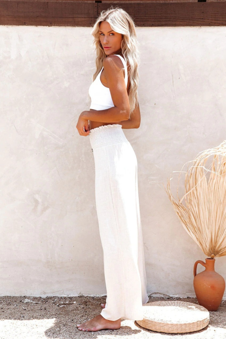 Women's Boho Wide Leg Pants – Smocked Frill Button Front Beach Summer