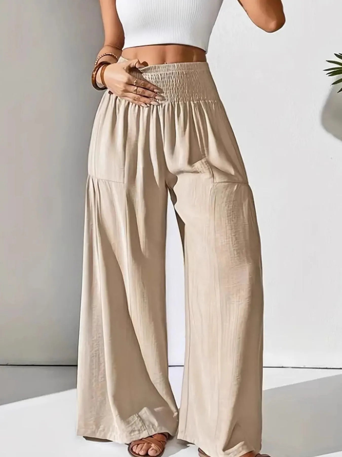 Women's Boho Wide Leg Pants – Smocked High Waist Pocket Summer Lounge