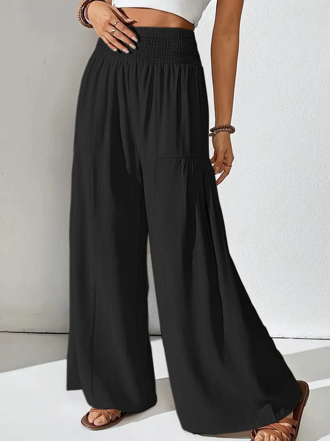 Women's Boho Wide Leg Pants – Smocked High Waist Pocket Summer Lounge