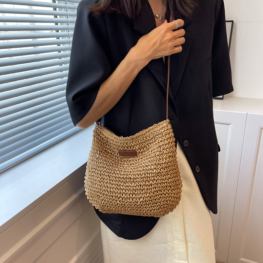 Women's Boho Woven Straw Crossbody Bag – Open Weave Bucket Summer Beach