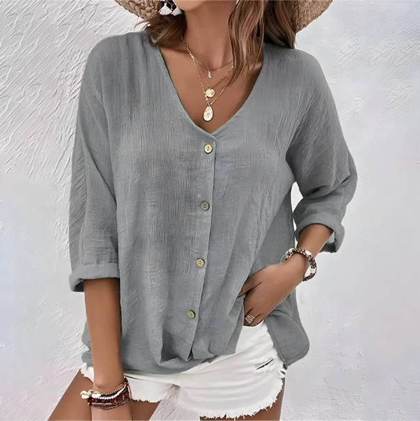 Women's Button Front Shirt – V Neck Long Sleeve Rolled Cuff Crinkle Casual