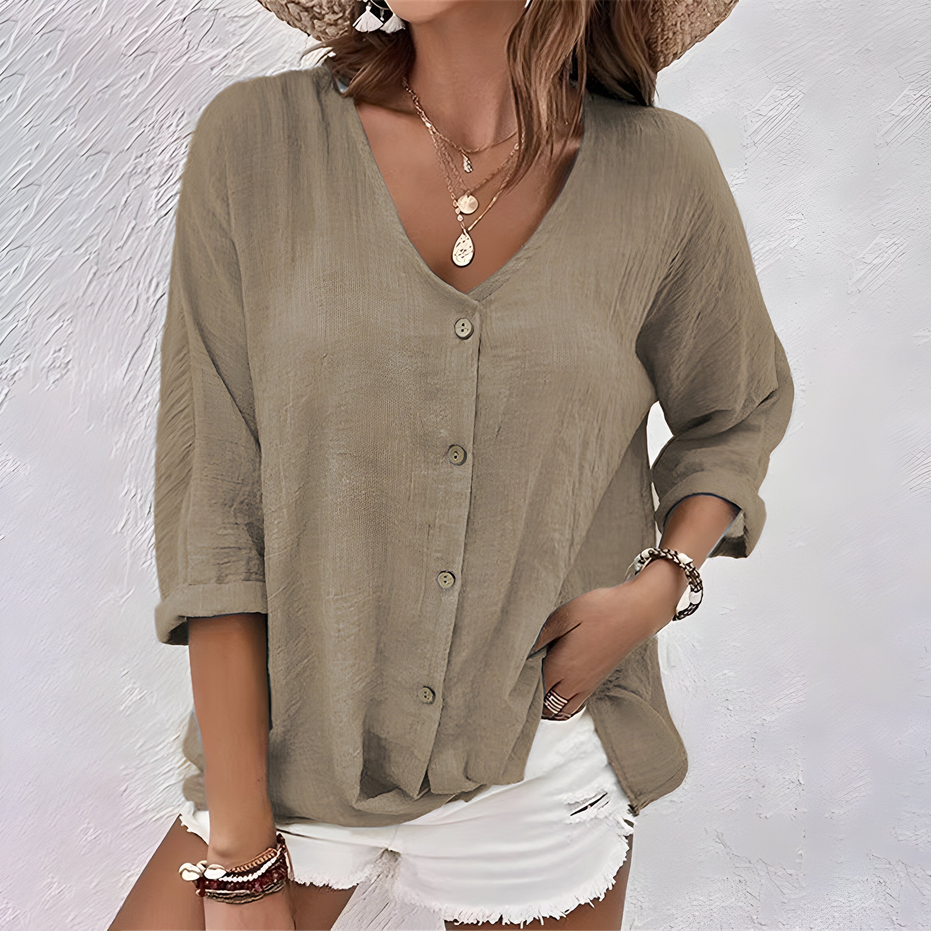 Women's Button Front Shirt – V Neck Long Sleeve Rolled Cuff Crinkle Casual