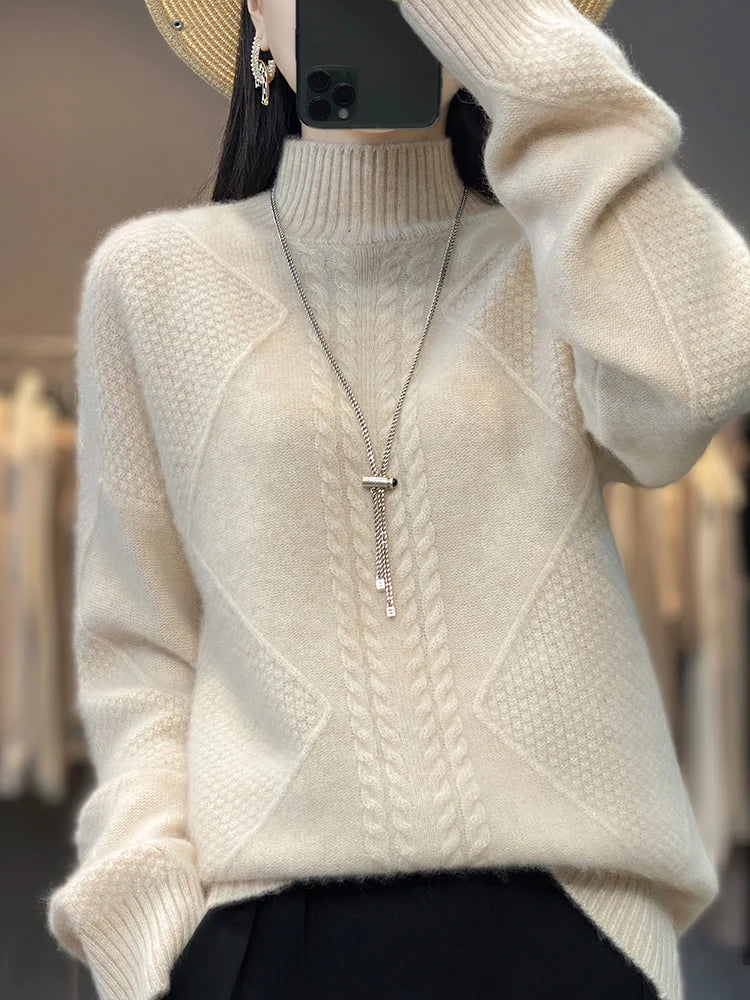 Women's Cable Knit Sweater – Turtleneck Long Sleeve Ribbed Autumn Winter