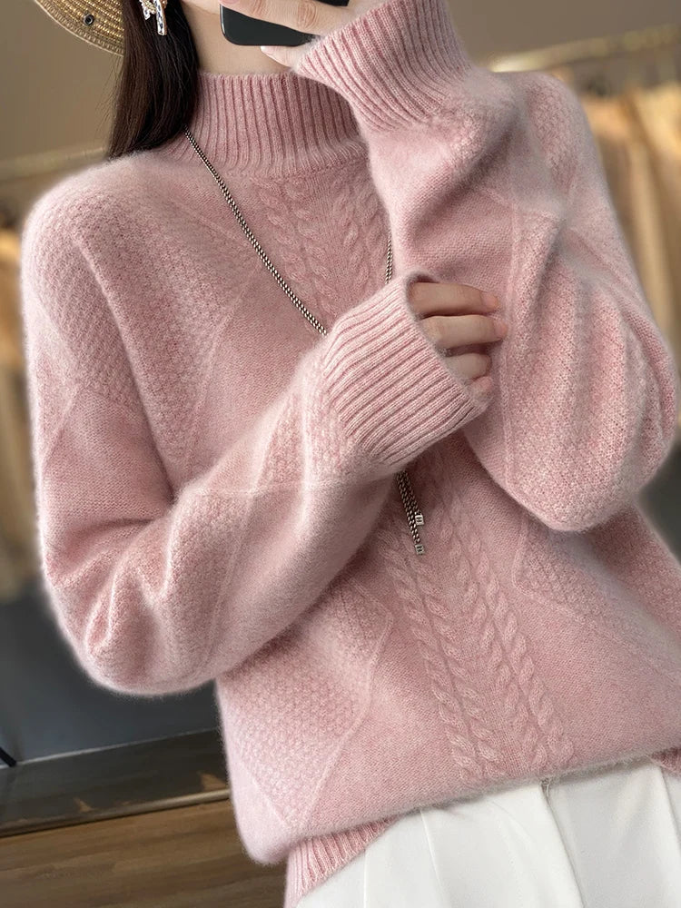 Women's Cable Knit Sweater – Turtleneck Long Sleeve Ribbed Autumn Winter
