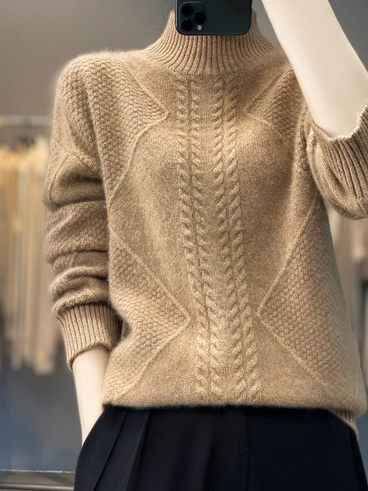 Women's Cable Knit Sweater – Turtleneck Long Sleeve Ribbed Autumn Winter