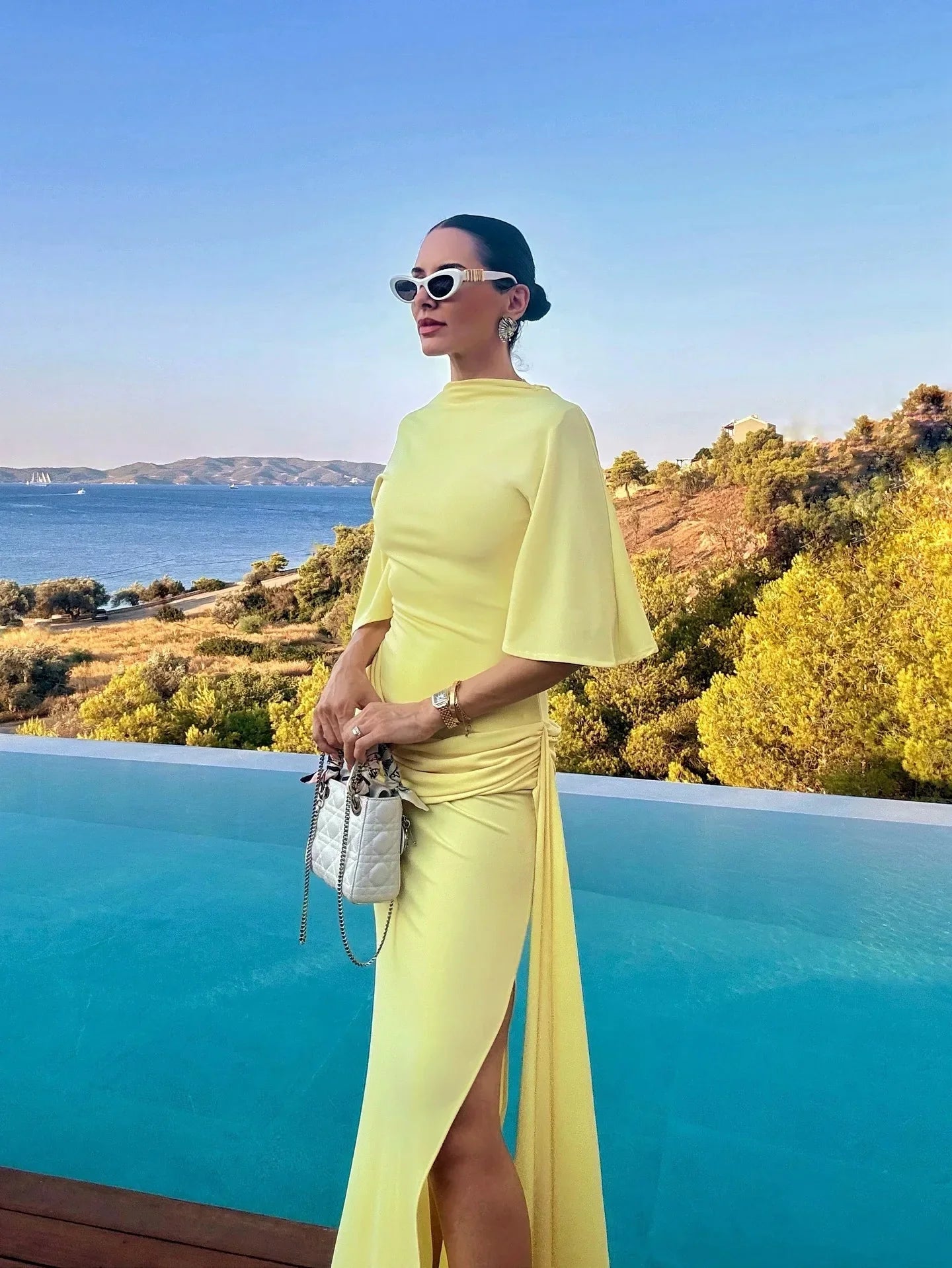 Women's Cape Sleeve Maxi Wedding Guest Dress – Ruched Hip Side Slit