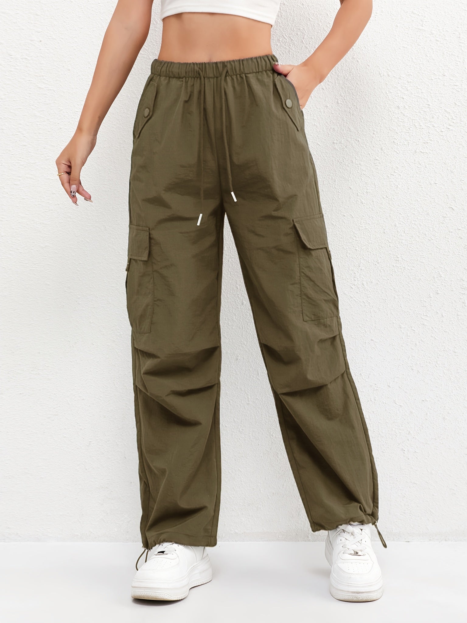 Women's Cargo Parachute Pants – High Waist Drawstring Flap Pocket Casual Street