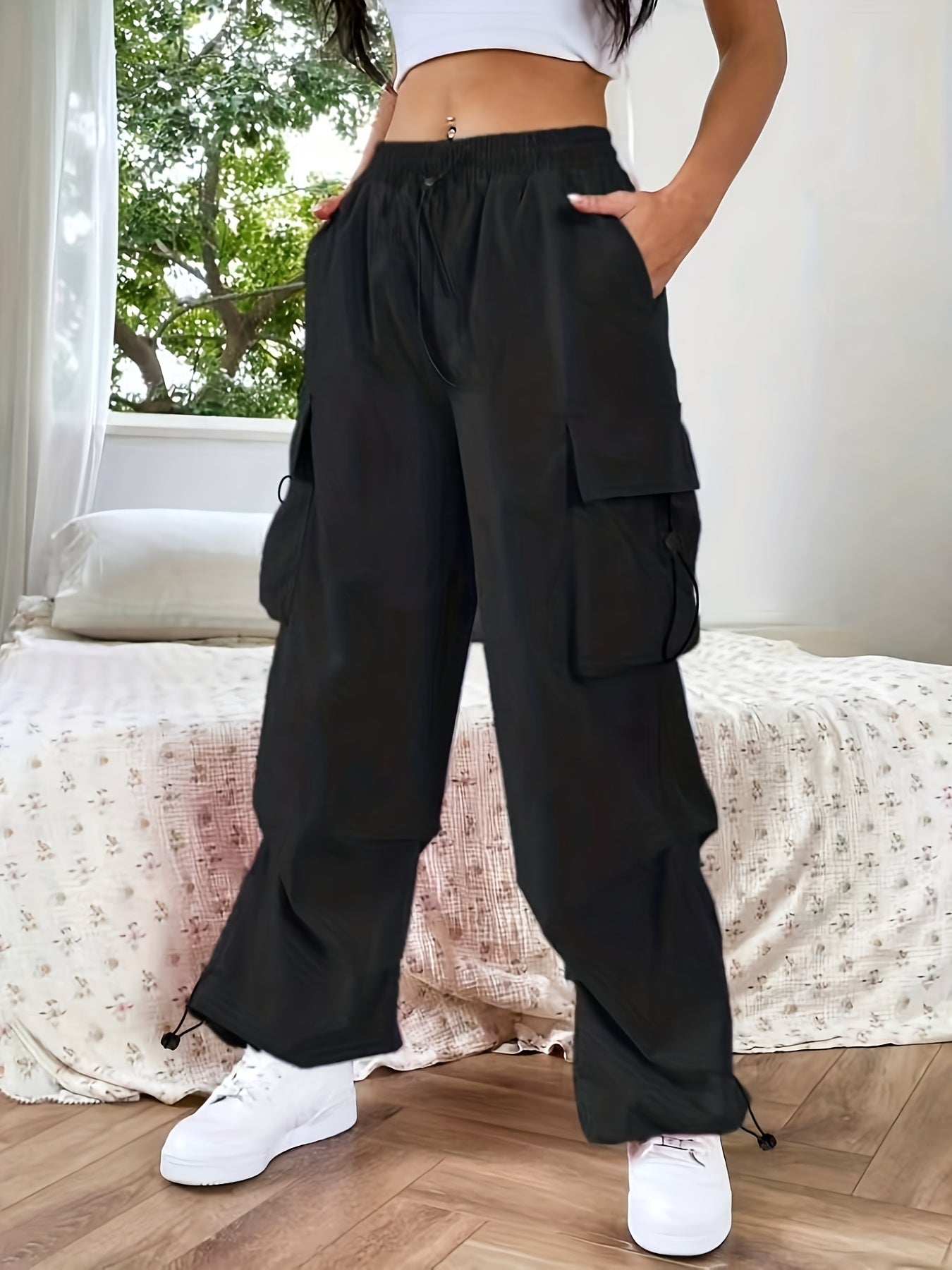 Women's Cargo Parachute Pants – Loose Wide Leg Drawstring Hem Multi Pocket