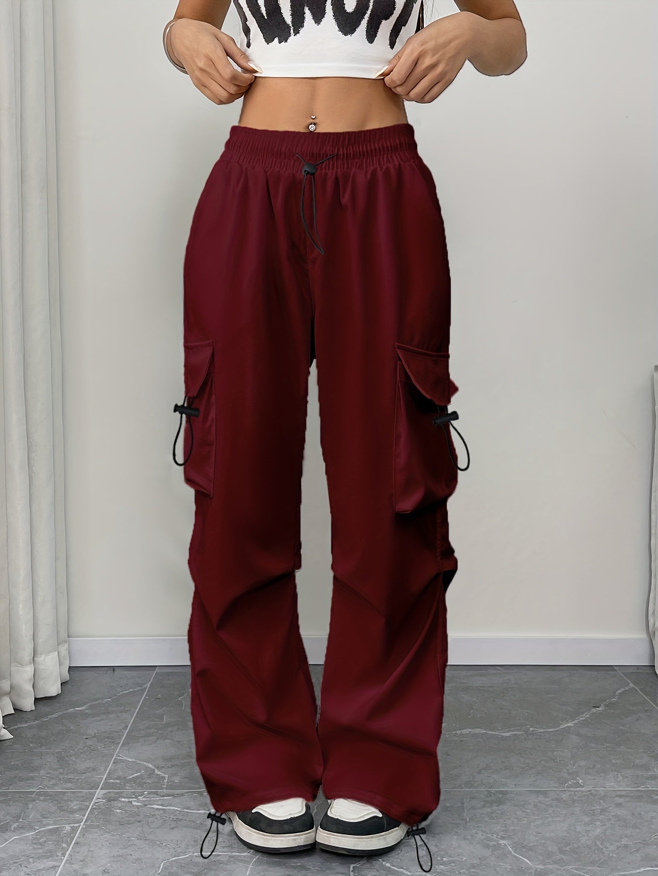 Women's Cargo Pocket Parachute Pants – High Waist Drawstring Wide Leg Street