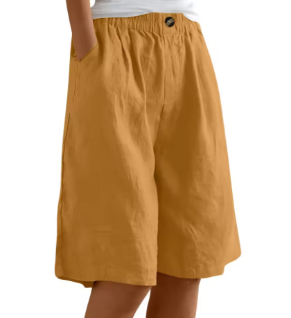 Women's Casual Cotton Linen Bermuda Shorts – Pull On Pocket Knee Length Summer