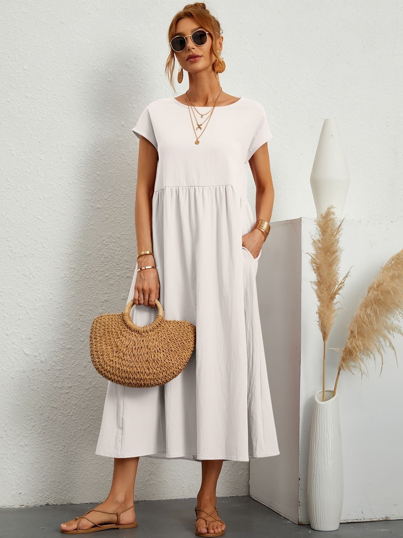 Women's Casual Midi Dress – Round Neck Short Sleeve Gathered Waist Summer