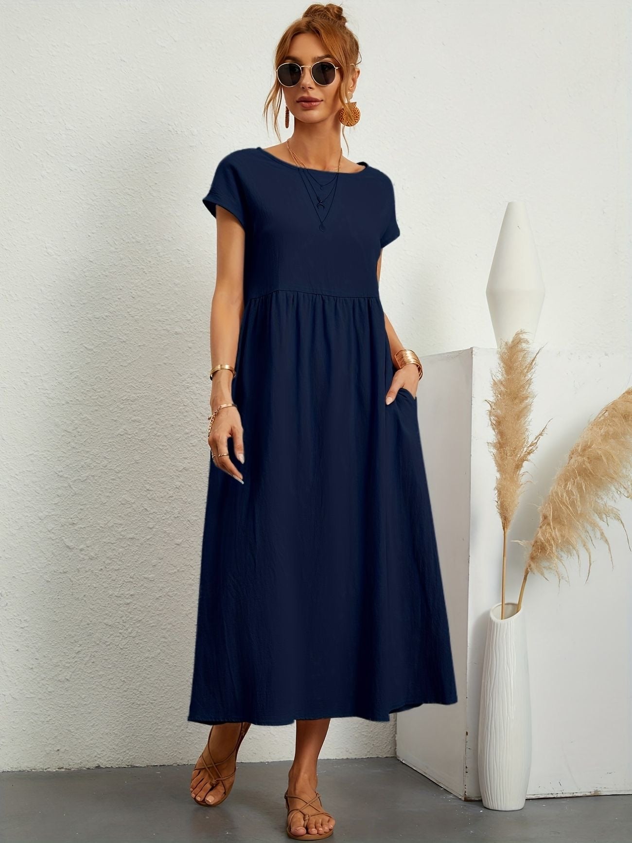 Women's Casual Midi Dress – Round Neck Short Sleeve Gathered Waist Summer