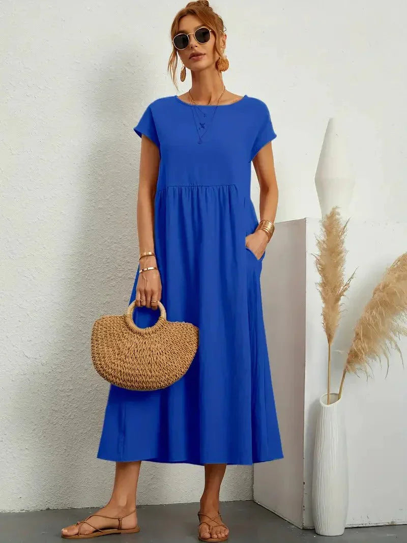 Women's Casual Midi Dress – Round Neck Short Sleeve Gathered Waist Summer
