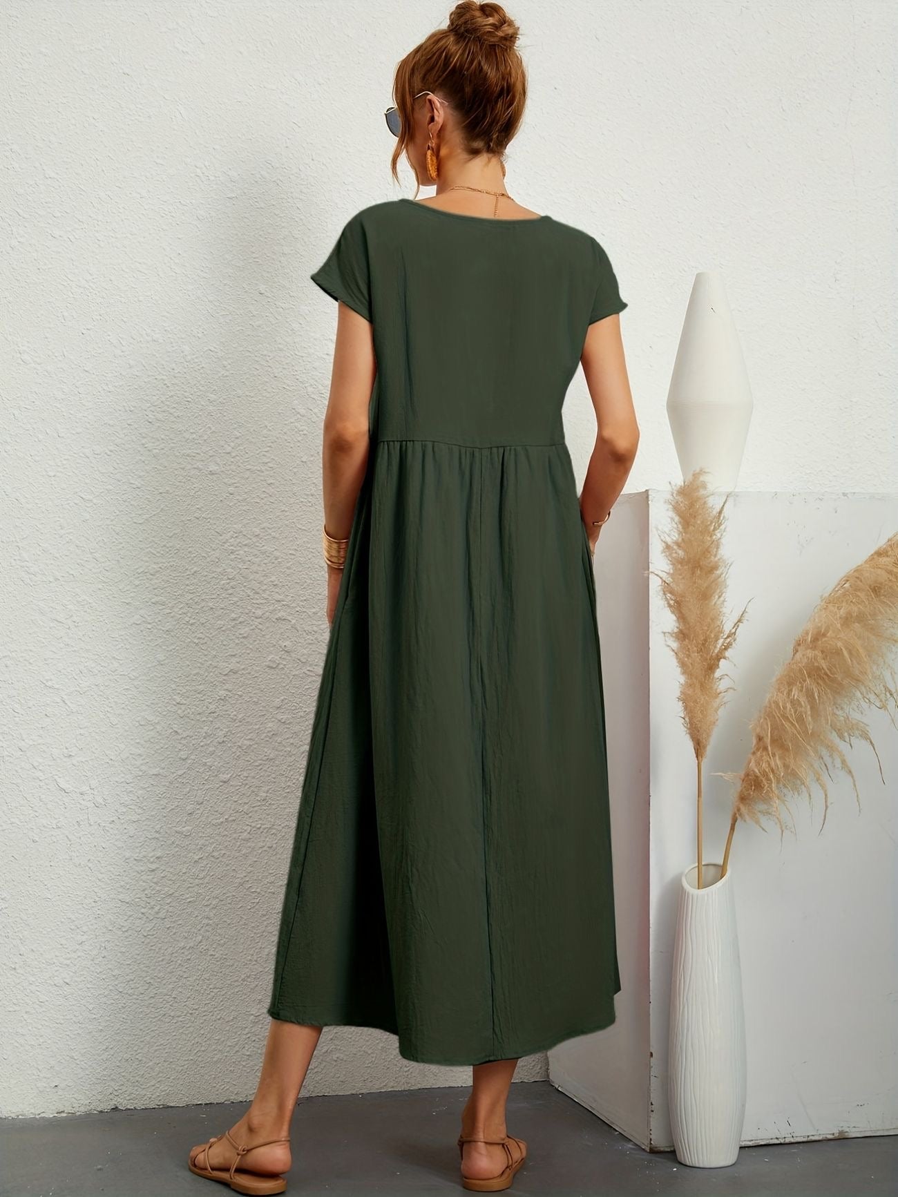 Women's Casual Midi Dress – Round Neck Short Sleeve Gathered Waist Summer