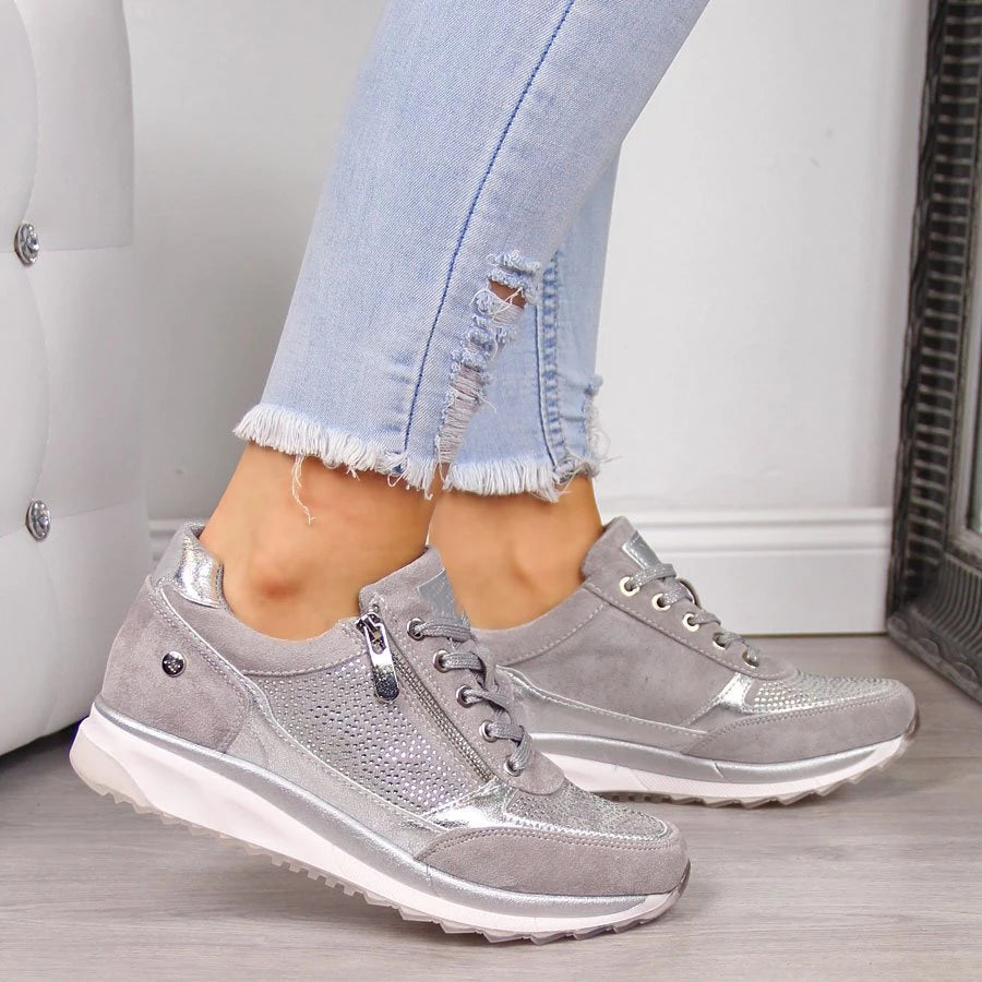 Women's Casual Textured Sneakers – Lace Up Side Zip Everyday Walking